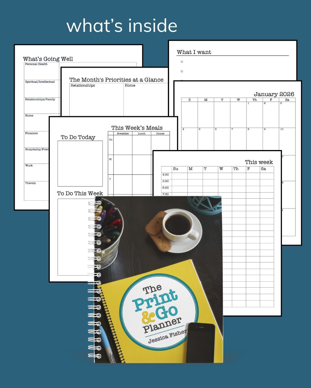 array of pages included in print and go planner.