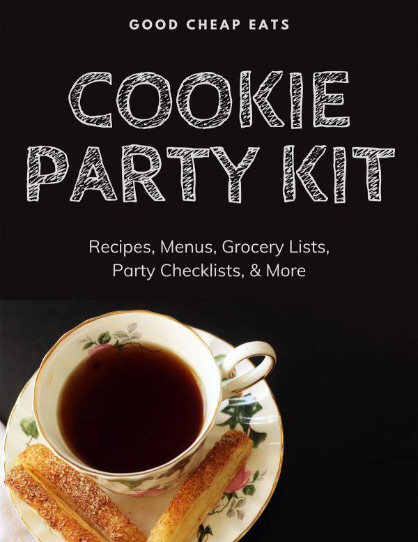 cover image for cookie party kit featuring a tea cup and cinnamon puffs on saucer with a black background.