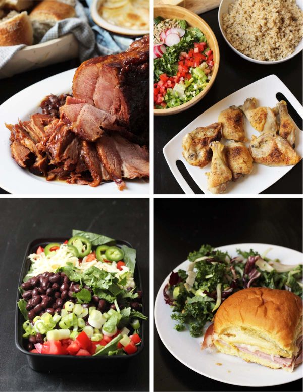 collage of meals included in week 2, ham and swiss sliders, slow cooker ham, baked chicken, and black bean taco salads.