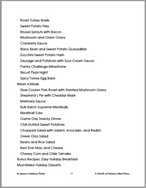 screen shot of page 2 of the table of contents for the holiday meal plan.