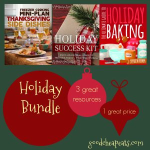 collage of items included in holiday bundle on a green background with red ornaments.