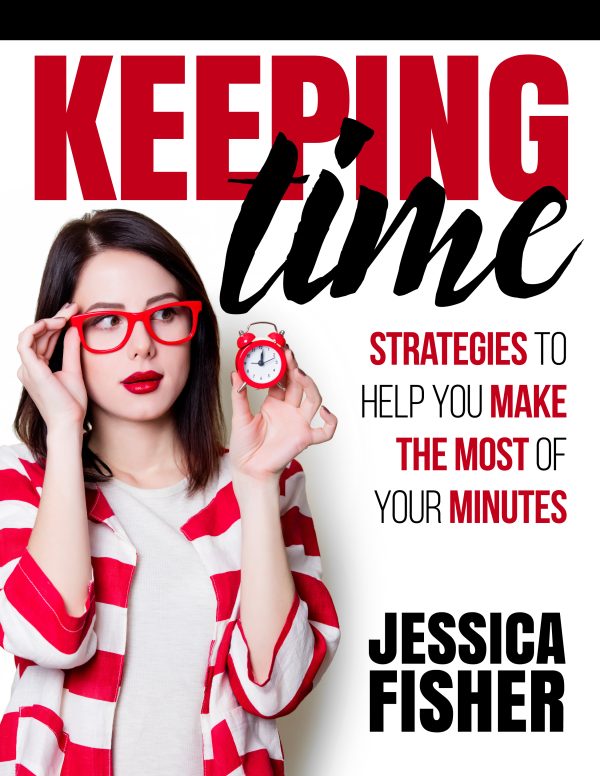 cover of keeping time workbook, featuring a woman in red glasses peering at a small red clock.