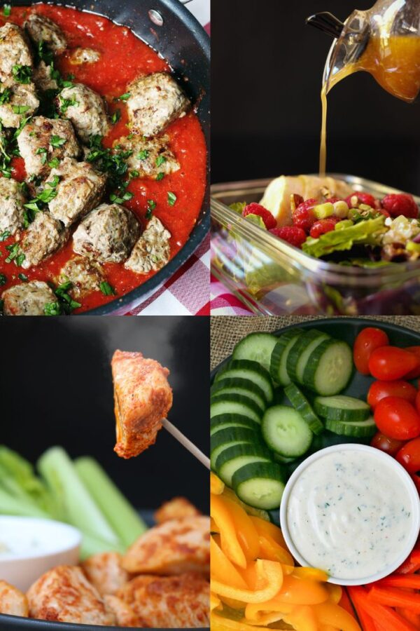 collage of meatballs in bolognese, raspberry salad, chicken bites, veggie dippers.