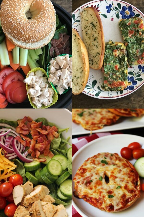 collage of meals: bagel box, egg bake, pizza bagel, and salad.