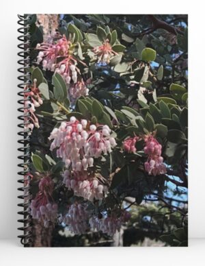 spiral notebook with black coil and pink flowers and green leaves.