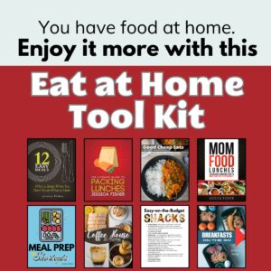 collage of what's included in eat at home toolkit.