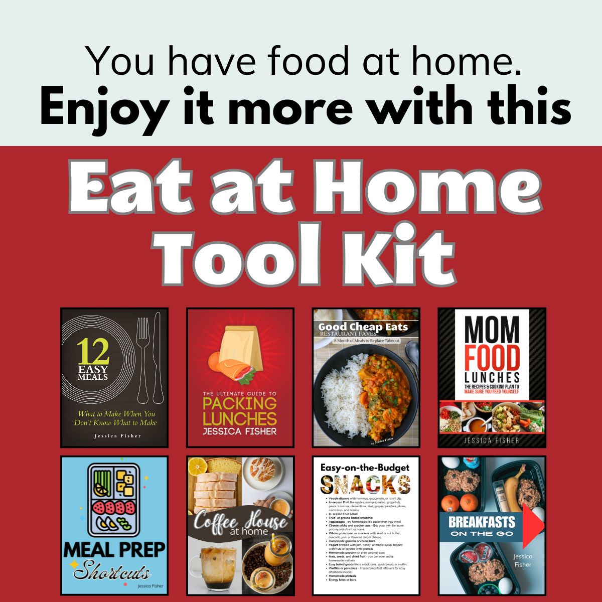 collage of what's included in eat at home toolkit.