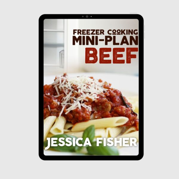 cover image of freezer cooking mini plan beef on a tablet.