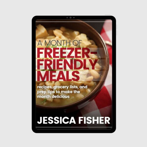 cover image of a month of freezer friendly meals on a tablet.