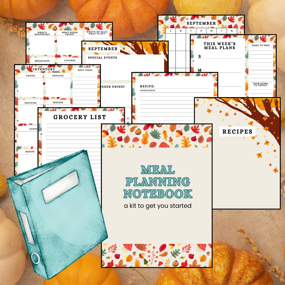 collage of fall meal planning pages.