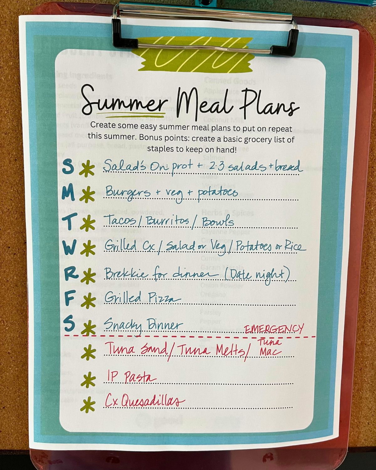 printed summer meals worksheet on clipboard.