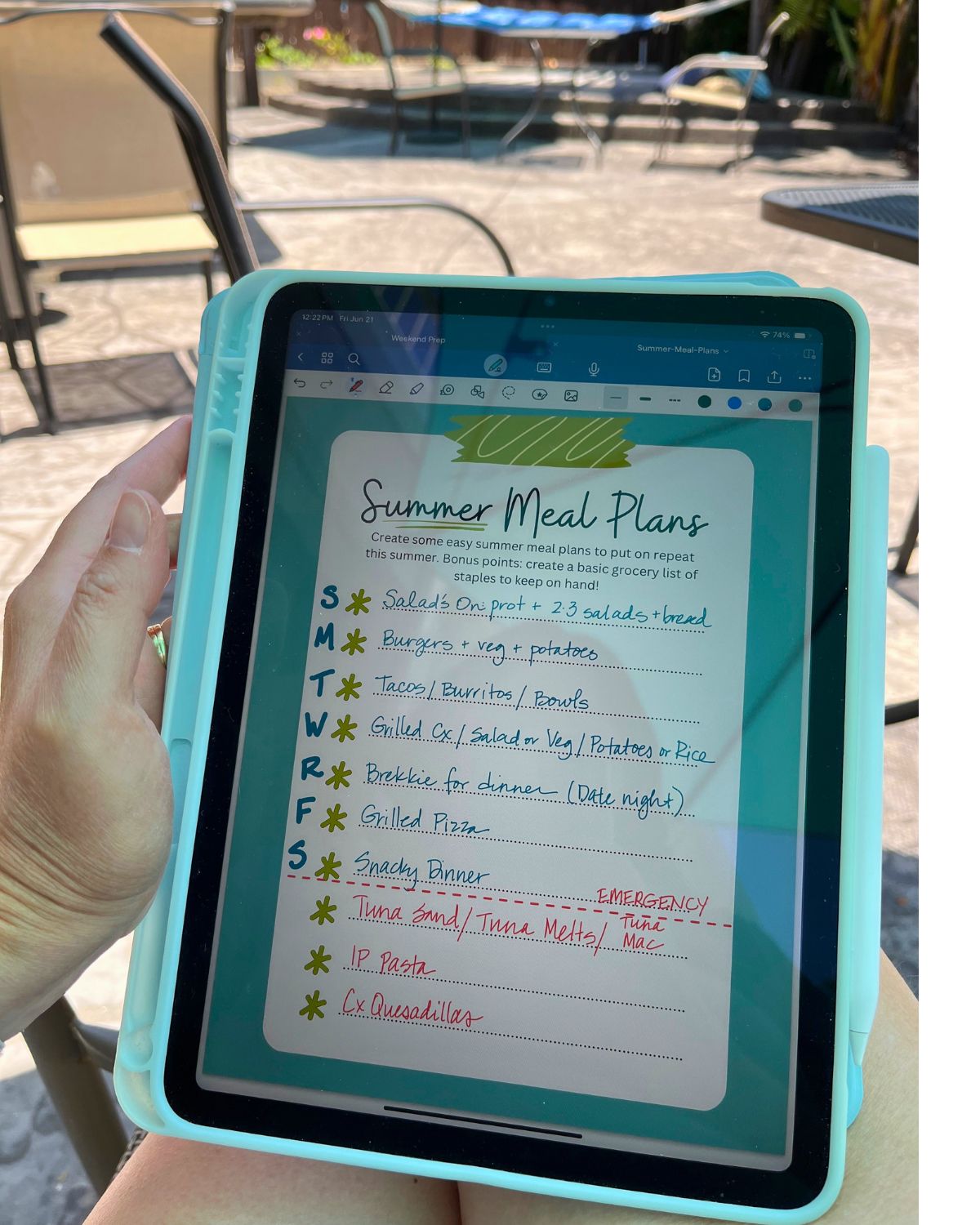 summer meals worksheet on iPad.