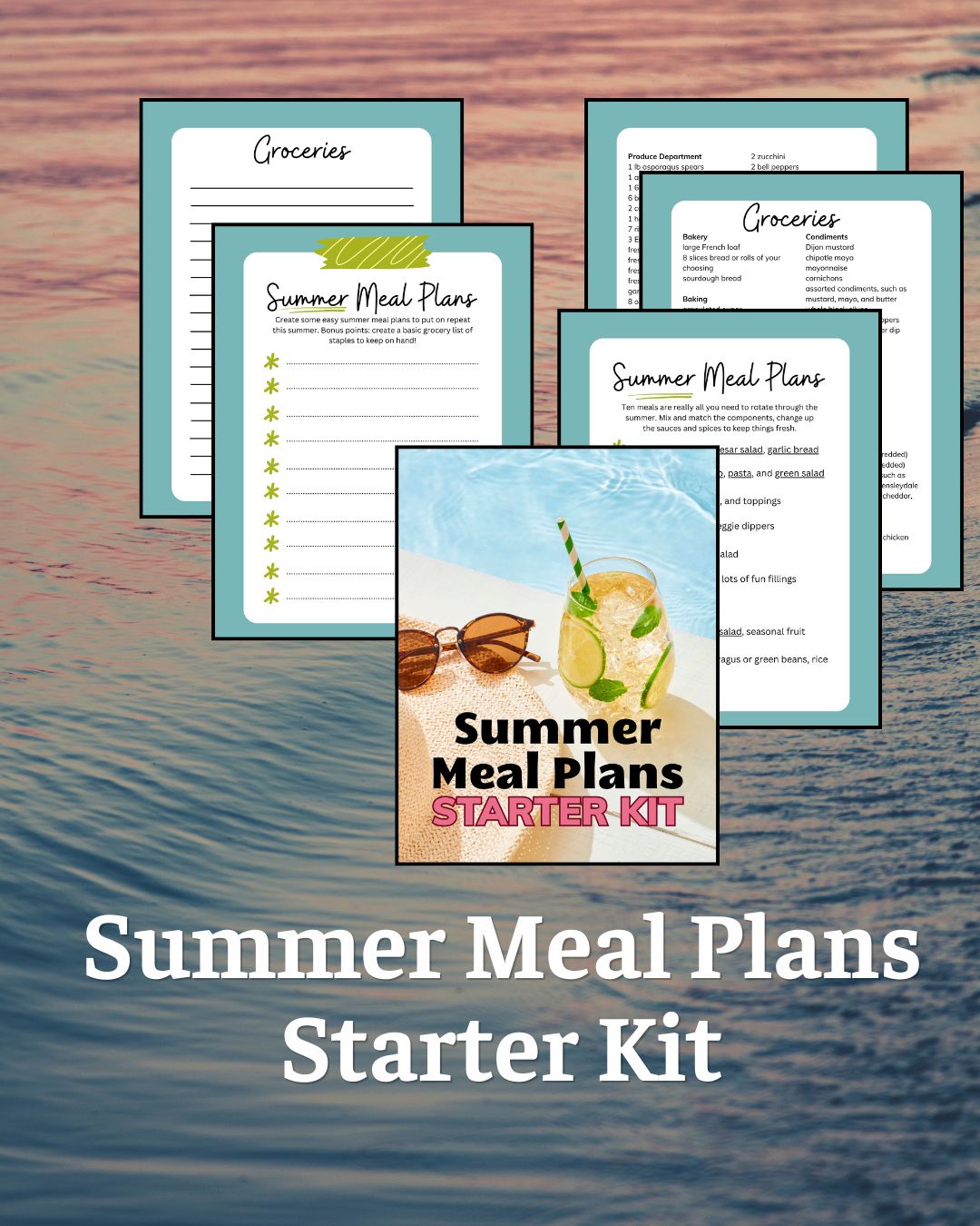 collage of what's included in summer meal plans starter kit.